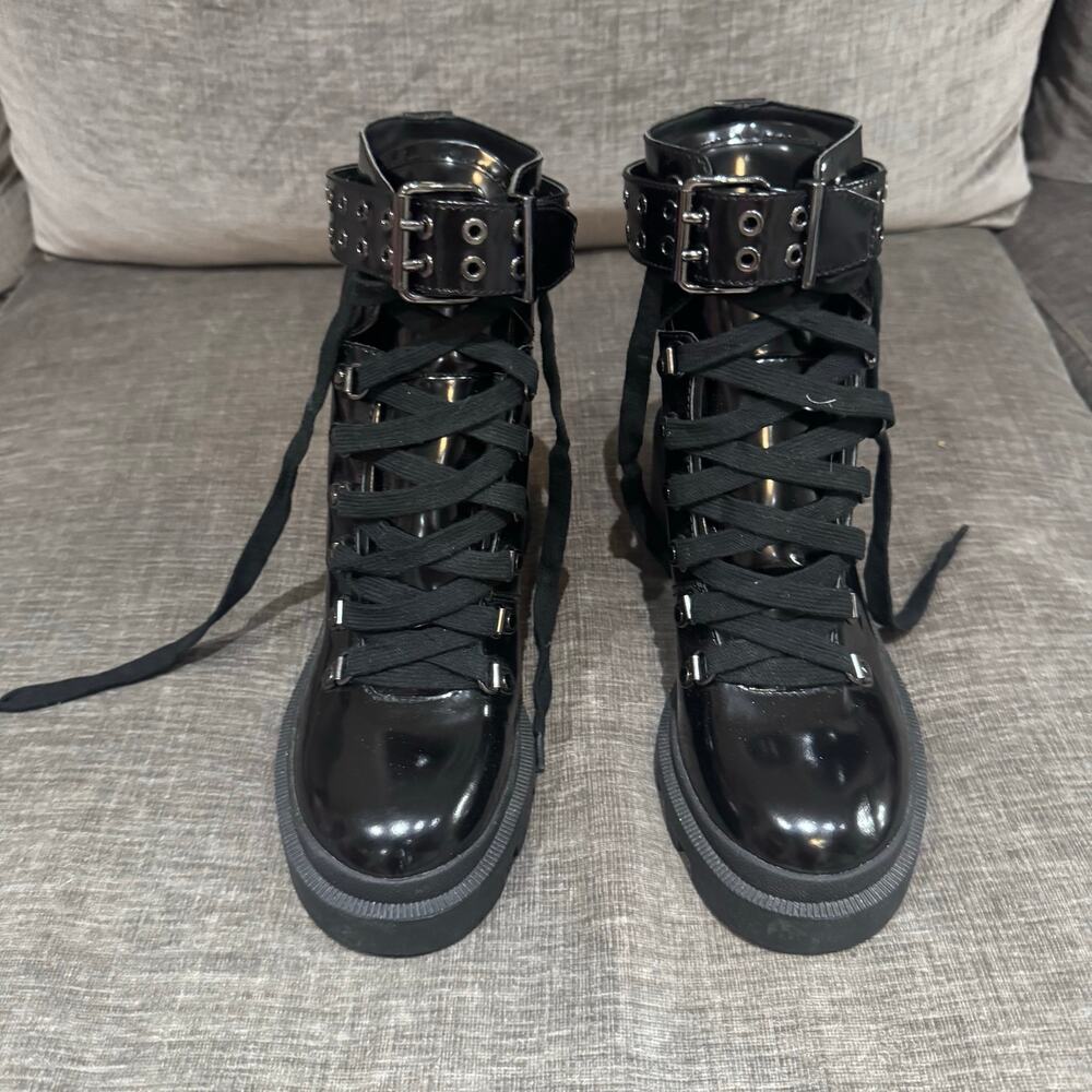 Alice + Olivia Havis Black Leather Combat Boots Size 7.5